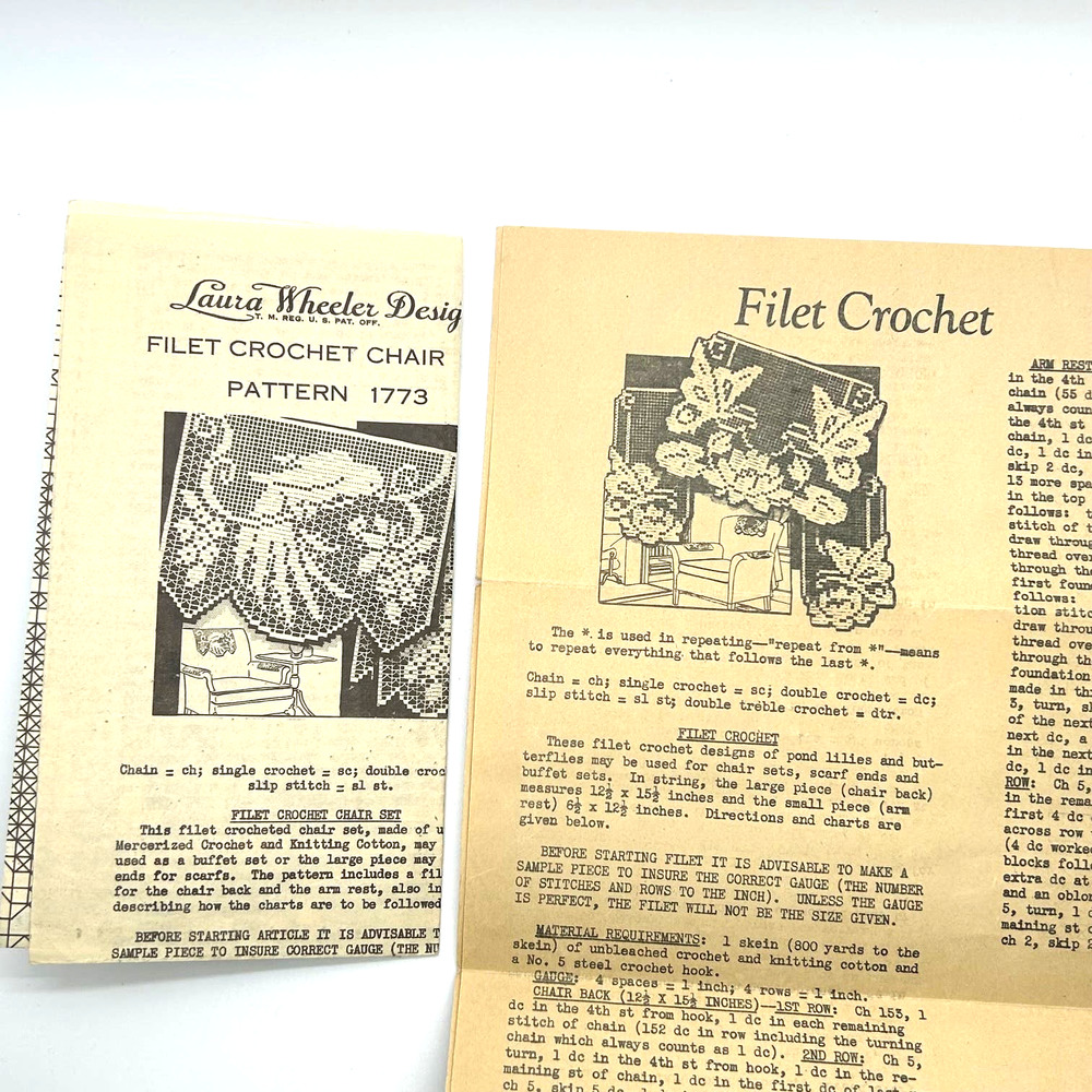 Laura Wheeler Vintage Pattern #5472 & #1773 Filet Crochet Chair Set Flowers Bird